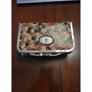 Fossil Key-per Poppy Floral Cosmetic Case Silver Kiss Lock Frame Mirror NWOT